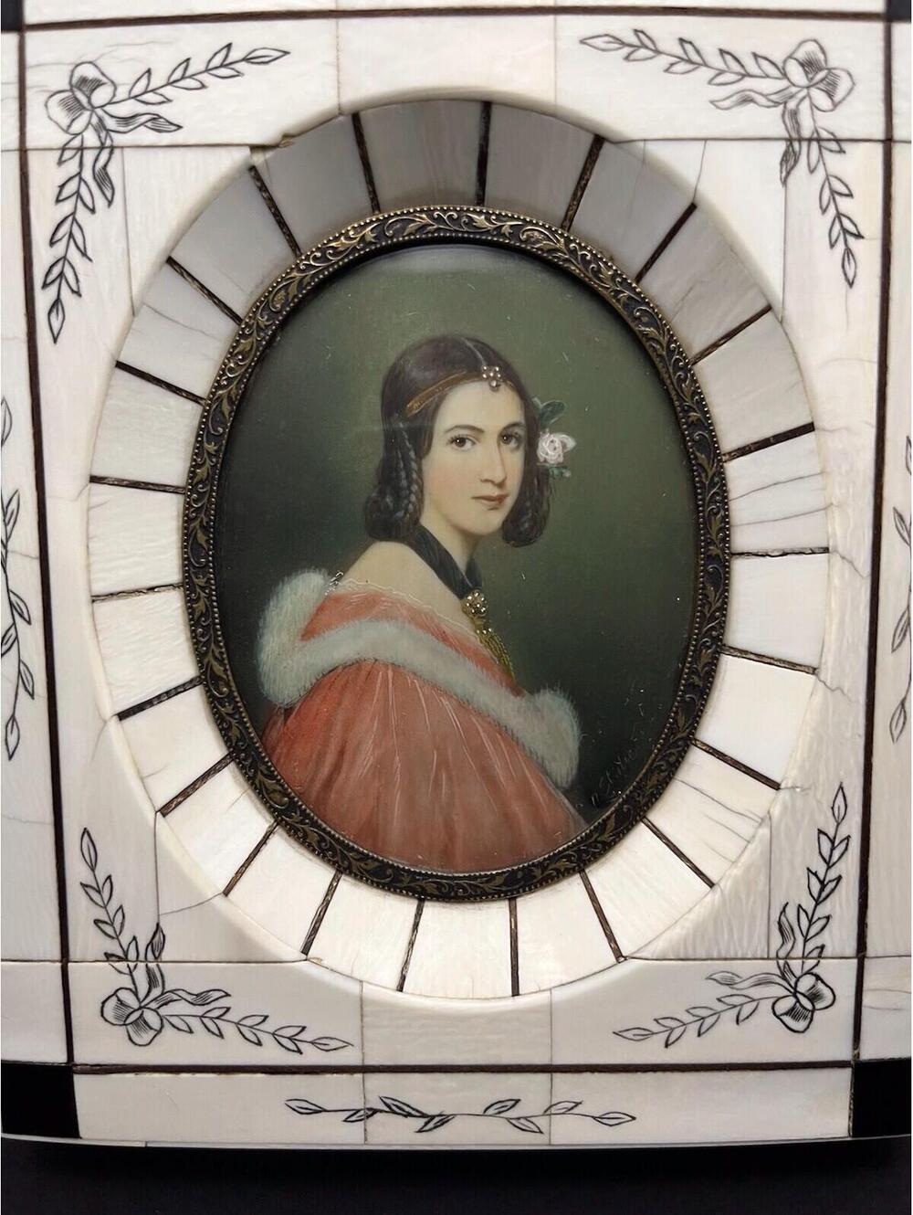 RARE 19thC Miniature Portrait Lady Jane Erskine Signed Ivory Frame Amazing Cond.
